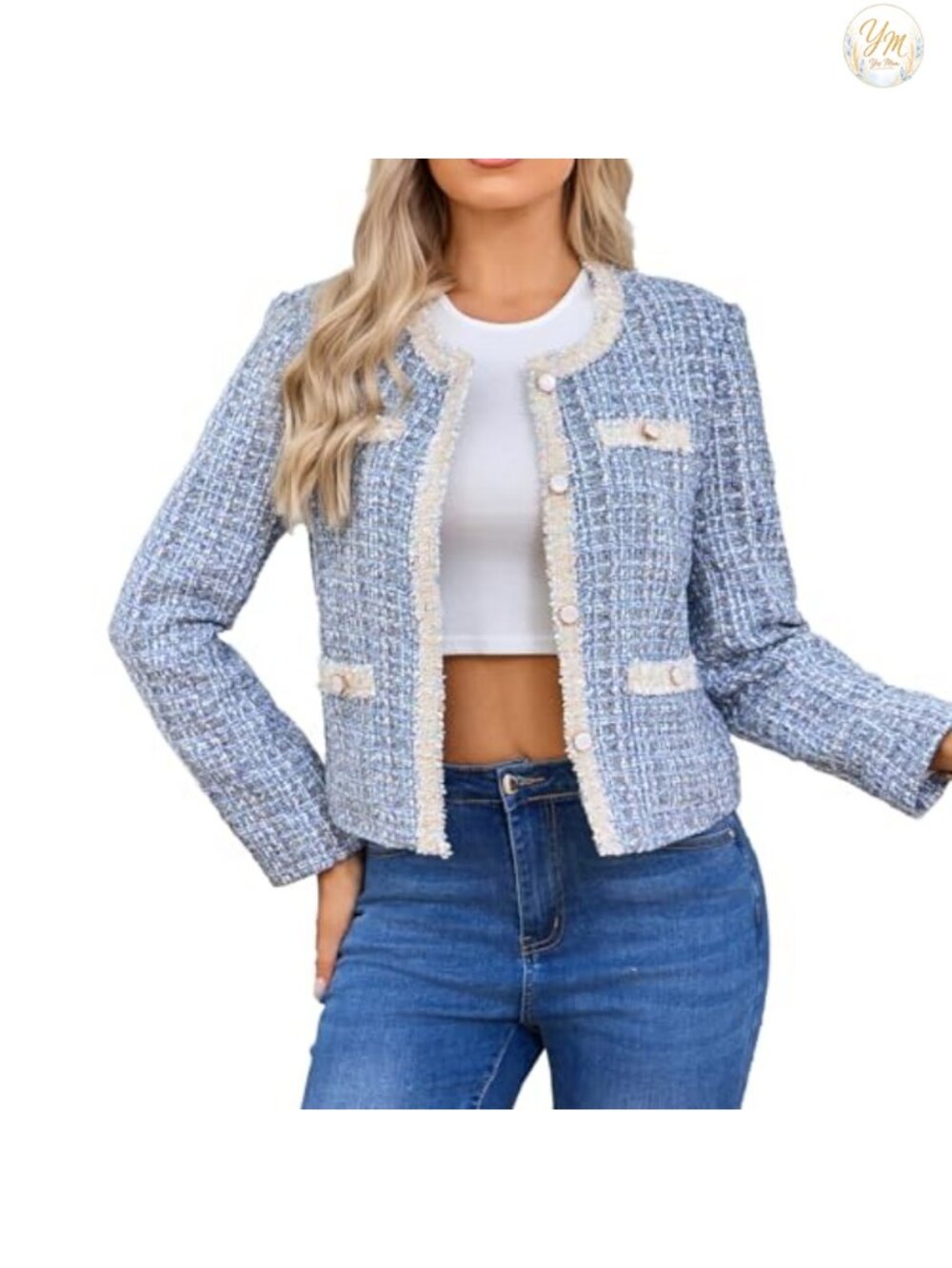 Cropped Tweed Blazer Women Long Sleeve Lace Trim Plaid Work Jacket